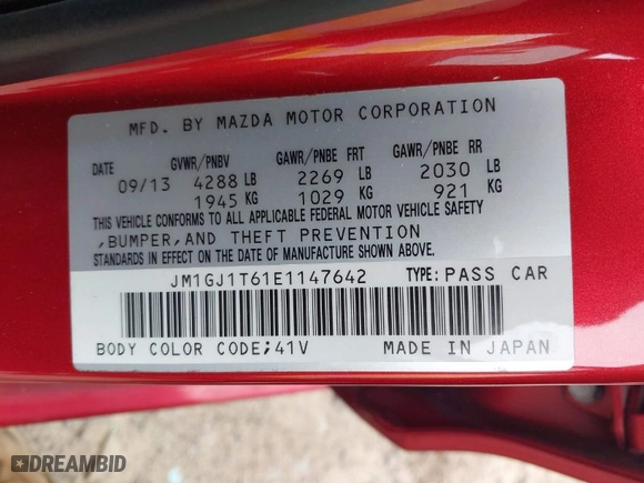 2014 Mazda Mazda6 i Touring with VIN JM1GJ1T61E1147642, listed as a IAAI auction lot 41752571 with 87,714 mi miles. Bid and sale history available at carsss.com. Image 9.