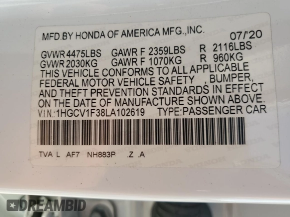 2020 Honda Accord Sport z VIN 1HGCV1F38LA102619, wystawiony jako Copart lot #60886935 z przebiegiem 76 944 mil mil oraz Nie do naprawy • Non repairable. Historia ofert i sprzedaży dostępna na DreamBid. Obrazek 13.