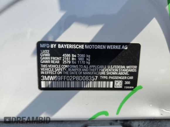 2023 BMW 3 Series 330i z VIN 3MW69FF02P8D08357, wystawiony jako Copart lot #57848895 z przebiegiem 9 923 mil mil oraz Szkoda całkowita • Salvage title. Historia ofert i sprzedaży dostępna na DreamBid. Obrazek 13.