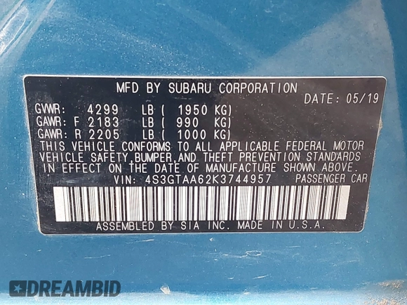 2019 Subaru Impreza with VIN 4S3GTAA62K3744957, listed as a IAAI auction lot 42363574 with 83,710 mi miles and . Bid and sale history available at DreamBid. Image 9.