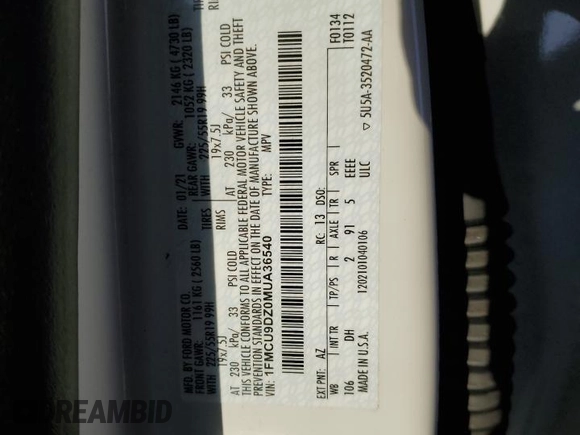 2021 Ford Escape Titanium Hybrid with VIN 1FMCU9DZ0MUA36540, listed as a Copart auction lot 42286485 with 46,908 mi miles and Salvage title. Bid and sale history available at DreamBid. Image 13.
