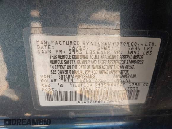 2015 Nissan Sentra S with VIN 3N1AB7AP8FY324463, listed as a IAAI auction lot 41738235 with 159,024 mi miles. Bid and sale history available at carsss.com. Image 9.