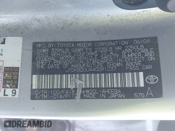 2004 Toyota Prius with VIN JTDKB20U440091037, listed as a IAAI auction lot 41589007 with 277,808 mi miles. Bid and sale history available at carsss.com. Image 9.