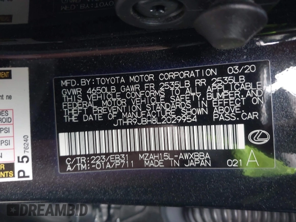 2020 Lexus UX 250h F Sport с VIN JTHR9JBH8L2029954, выставлен на аукционе IAAI как лот 41939048 с пробегом 79 703 миль миль и . История ставок и продаж доступна на DreamBid. Изображение 9.