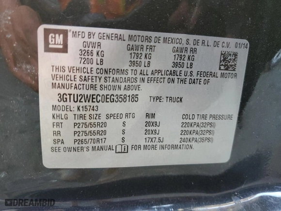2014 GMC Sierra 1500 Denali with VIN 3GTU2WEC0EG358185, listed as a Copart auction lot 78186314 with 94,989 mi miles and Salvage Title. Bid and sale history available at carsss.com. Image 12.