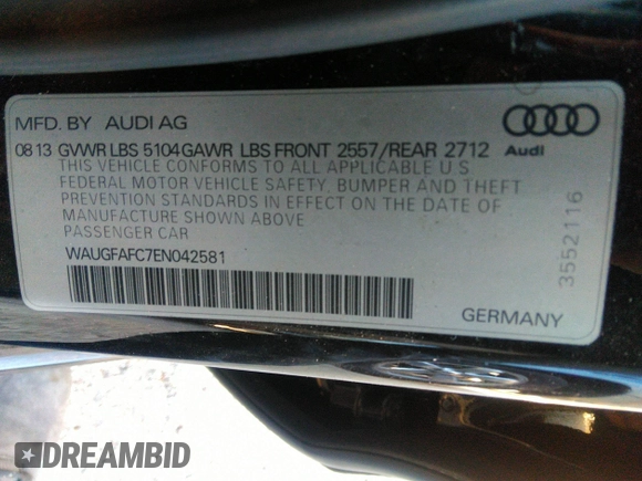 2014 Audi A6 Premium Plus z VIN WAUGFAFC7EN042581, wystawiony jako IAAI lot #34712557 z przebiegiem Nie podano mil oraz . Historia ofert i sprzedaży dostępna na DreamBid. Obrazek 9.
