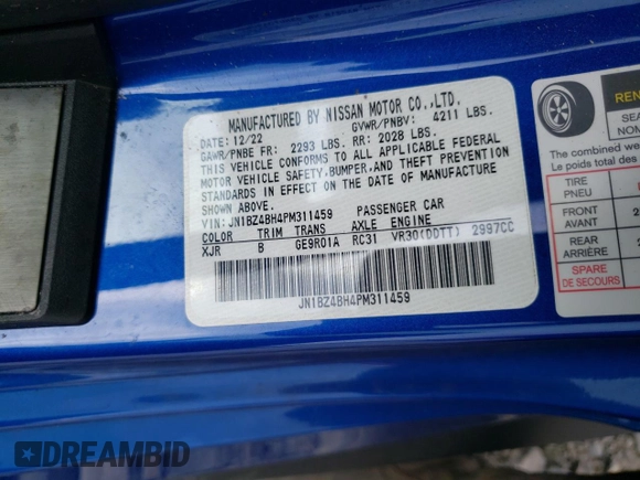2023 Nissan Z Performance с VIN JN1BZ4BH4PM311459, выставлен на аукционе Copart как лот 52156984 с пробегом 12 312 миль миль и Списание • Salvage title. История ставок и продаж доступна на DreamBid. Изображение 12.