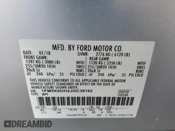 2018 Ford Explorer XLT with VIN 1FM5K8DH2JGC38192, listed as a Copart auction lot 44565615 with 50,629 mi miles and Salvage Title. Bid and sale history available at DreamBid. Image 14.
