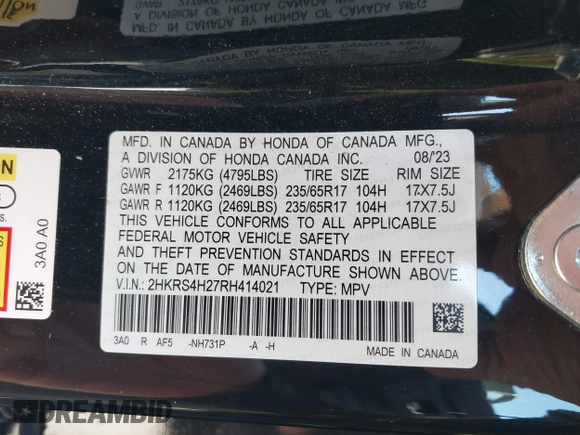 2024 Honda CR-V LX with VIN 2HKRS4H27RH414021, listed as a IAAI auction lot 41768364 with 20,462 mi miles and . Bid and sale history available at DreamBid. Image 9.