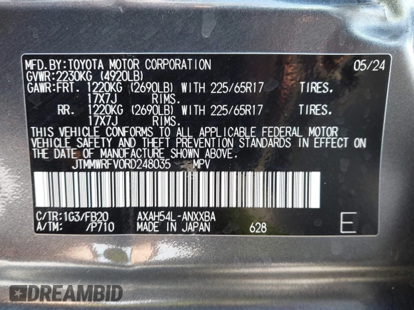2024 Toyota RAV4 Hybrid LE with VIN JTMMWRFV0RD248035, listed as a IAAI auction lot 42339244 with 18,317 mi miles and . Bid and sale history available at DreamBid. Image 9.