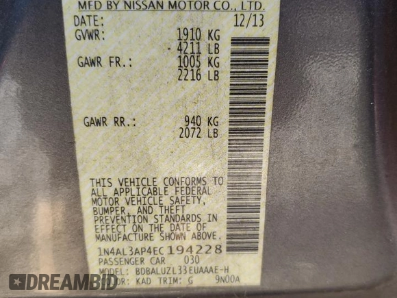 2014 Nissan Altima 2.5 SV with VIN 1N4AL3AP4EC194228, listed as a Copart auction lot 52254735 with 163,722 mi miles and Salvage Title. Bid and sale history available at carsss.com. Image 12.