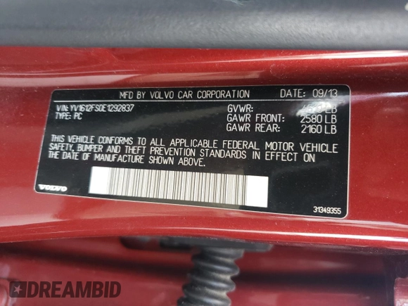 2014 Volvo S60 T5 with VIN YV1612FS0E1292837, listed as a Copart auction lot 55437195 with 109,468 mi miles and Clean Title. Bid and sale history available at carsss.com. Image 12.