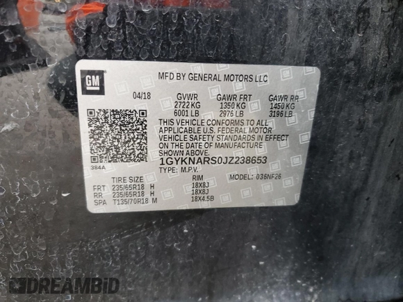 2018 Cadillac XT5 FWD с VIN 1GYKNARS0JZ238653, выставлен на аукционе Copart как лот 51762065 с пробегом Не указан миль и Списание • Salvage title. История ставок и продаж доступна на DreamBid. Изображение 13.