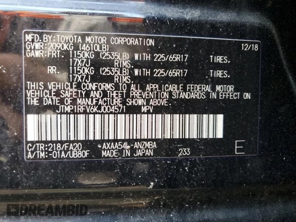 2019 Toyota RAV4 XLE with VIN JTMP1RFV6KJ004571, listed as a Copart auction lot 56397454 with 92,932 mi miles and Non Repairable. Bid and sale history available at carsss.com. Image 14.