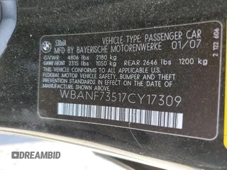 2007 BMW 5 Series 530xi with VIN WBANF73517CY17309, listed as a Copart auction lot 52692025 with 90,817 mi miles and Salvage title. Bid and sale history available at DreamBid. Image 14.