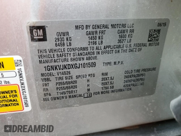2016 Chevrolet Traverse LTZ with VIN 1GNKVJKDXGJ101509, listed as a Copart auction lot 46420915 with 184,787 mi miles and Salvage Title. Bid and sale history available at DreamBid. Image 15.