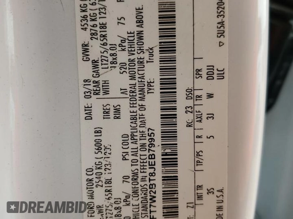 2018 Ford F-250 XL with VIN 1FT7W2BT8JEB79957, listed as a Copart auction lot 54476775 with 245,693 mi miles and Salvage title. Bid and sale history available at DreamBid. Image 12.