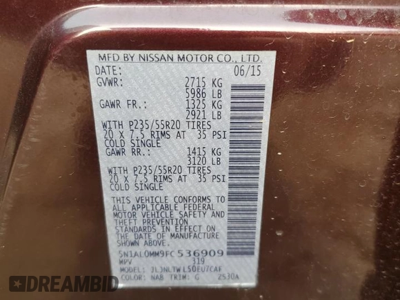 2015 Infiniti QX60 with VIN 5N1AL0MM9FC536909, listed as a Copart auction lot 51750975 with 205,955 mi miles and Salvage Title. Bid and sale history available at DreamBid. Image 13.
