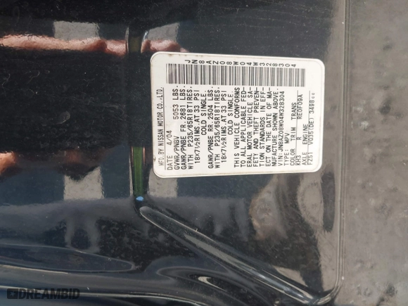 2004 Nissan Murano SE with VIN JN8AZ08W04W328304, listed as a IAAI auction lot 41808596 with 999,999 mi miles. Bid and sale history available at carsss.com. Image 9.