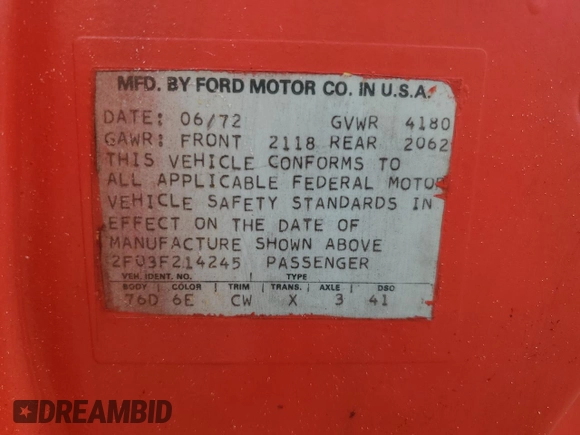 1972 Ford Mustang с VIN 2F03F214245, выставлен на аукционе Copart как лот 77535234 с пробегом 77 547 миль миль и Списание • Salvage title. История ставок и продаж доступна на DreamBid. Изображение 13.