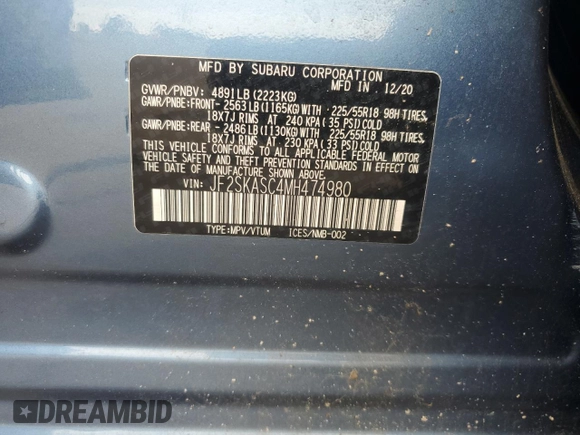 2021 Subaru Forester Limited with VIN JF2SKASC4MH474980, listed as a Copart auction lot 60740335 with 19,622 mi miles and Salvage title. Bid and sale history available at DreamBid. Image 14.