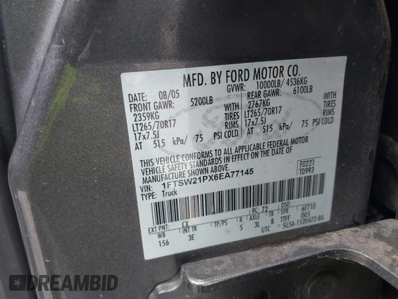 2006 Ford F-250 XL with VIN 1FTSW21PX6EA77145, listed as a IAAI auction lot 42550380 with 167,673 mi miles and . Bid and sale history available at DreamBid. Image 9.