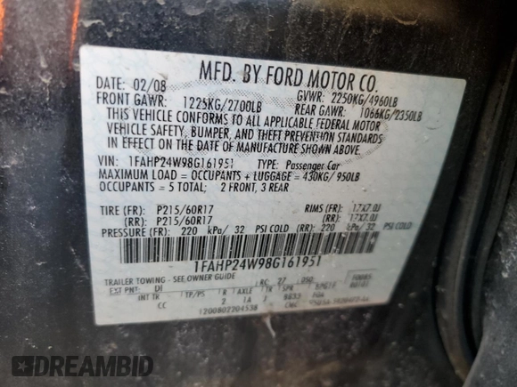 2008 Ford Taurus SEL with VIN 1FAHP24W98G161951, listed as a Copart auction lot 86350984 with 87,935 mi miles and Salvage Title. Bid and sale history available at carsss.com. Image 12.