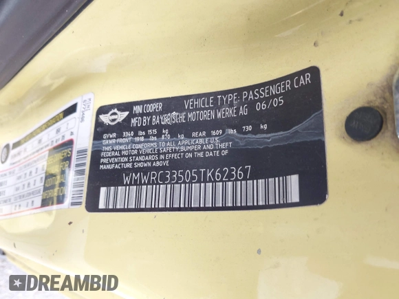 2005 MINI Hardtop with VIN WMWRC33505TK62367, listed as a IAAI auction lot 42397651 with Not provided miles and . Bid and sale history available at DreamBid. Image 9.