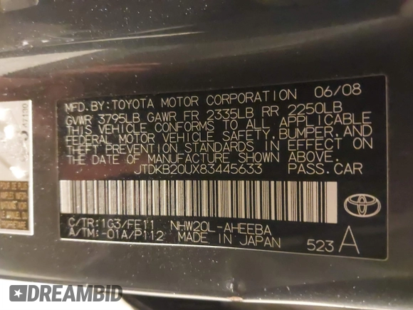 2008 Toyota Prius with VIN JTDKB20UX83445633, listed as a IAAI auction lot 41466073 with 174,024 mi miles. Bid and sale history available at carsss.com. Image 9.