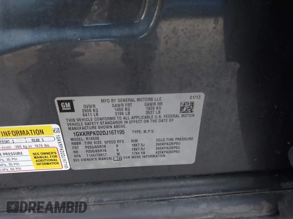 2013 GMC Acadia SLE with VIN 1GKKRPKD2DJ167195, listed as a IAAI auction lot 41395866 with 154,214 mi miles and . Bid and sale history available at DreamBid. Image 9.