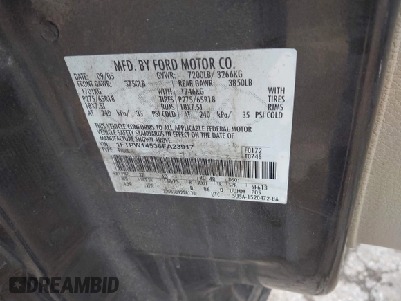 2006 Ford F-150 XLT with VIN 1FTPW14536FA23917, listed as a IAAI auction lot 41932518 with Not Provided miles and . Bid and sale history available at carsss.com. Image 9.