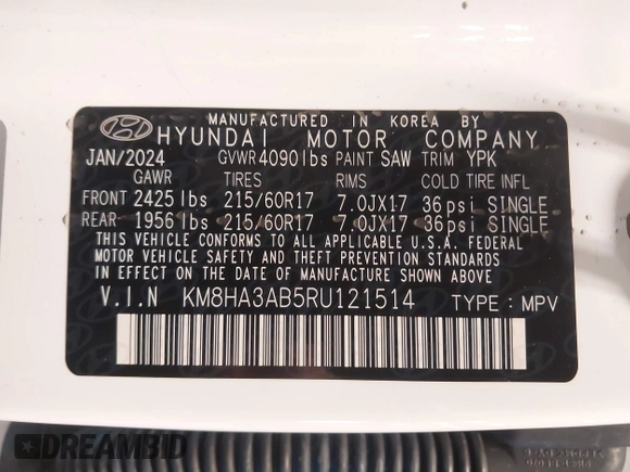 2024 Hyundai Kona SE with VIN KM8HA3AB5RU121514, listed as a IAAI auction lot 41431094 with 5,382 mi miles. Bid and sale history available at carsss.com. Image 9.