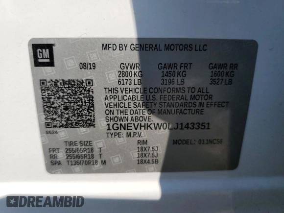 2020 Chevrolet Traverse LT Leather with VIN 1GNEVHKW0LJ143351, listed as a Copart auction lot 69691724 with 118,373 mi miles and Salvage Title. Bid and sale history available at carsss.com. Image 13.