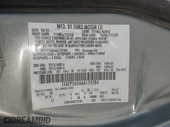 2006 Ford Taurus SEL z VIN 1FAFP56U66A159384, wystawiony jako IAAI lot #42256236 z przebiegiem 214 700 mil mil oraz . Historia ofert i sprzedaży dostępna na DreamBid. Obrazek 9.