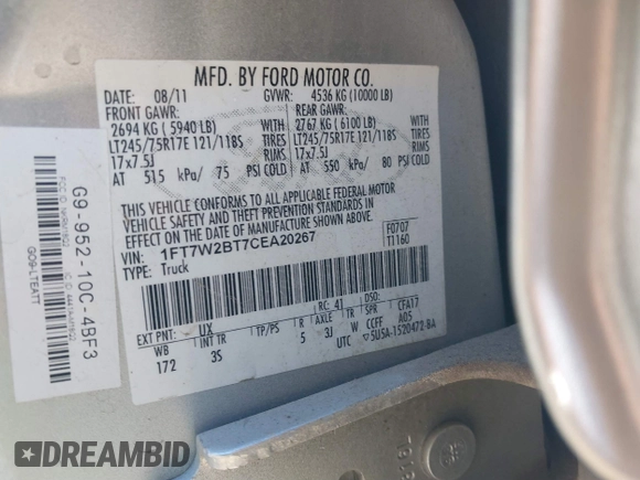 2012 Ford F-250 XL с VIN 1FT7W2BT7CEA20267, выставлен на аукционе IAAI как лот 41661604 с пробегом 235 800 миль миль и . История ставок и продаж доступна на DreamBid. Изображение 9.