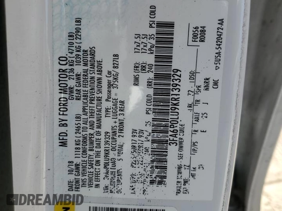 2019 Ford Fusion Hybrid SE with VIN 3FA6P0LU9KR139329, listed as a Copart auction lot 36225173 with 66,274 mi miles. Bid and sale history available at carsss.com. Image 14.