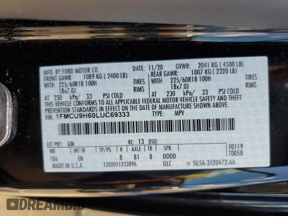 2020 Ford Escape SEL z VIN 1FMCU9H60LUC69333, wystawiony jako Copart lot #55777745 z przebiegiem 44 219 mil mil oraz Szkoda całkowita • Salvage title. Historia ofert i sprzedaży dostępna na DreamBid. Obrazek 12.
