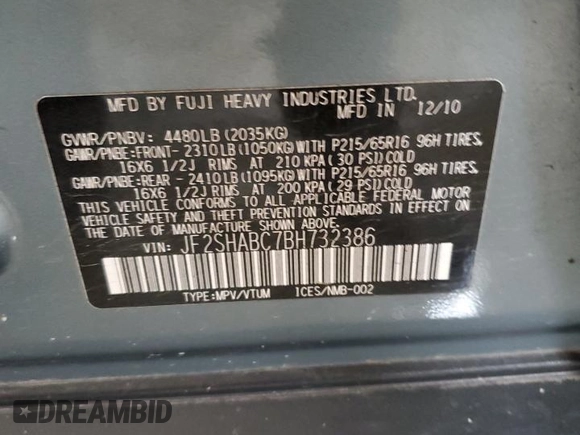 2011 Subaru Forester X z VIN JF2SHABC7BH732386, wystawiony jako Copart lot #55149135 z przebiegiem 191 898 mil mil oraz Szkoda całkowita • Salvage title. Historia ofert i sprzedaży dostępna na DreamBid. Obrazek 12.