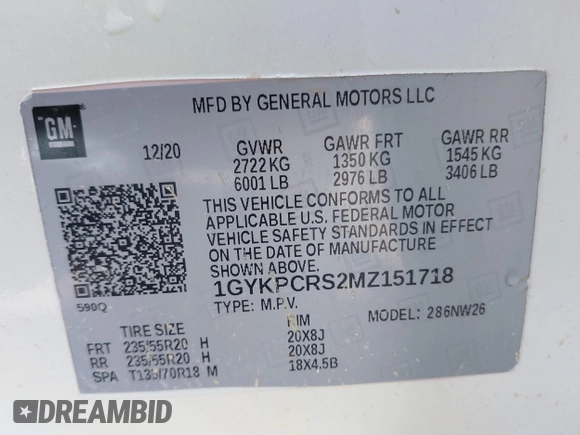 2021 Cadillac XT6 Premium Luxury with VIN 1GYKPCRS2MZ151718, listed as a IAAI auction lot 41978392 with 58,230 mi miles and . Bid and sale history available at DreamBid. Image 9.