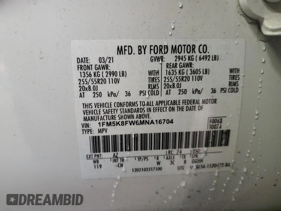 2021 Ford Explorer Limited with VIN 1FM5K8FW6MNA16704, listed as a Copart auction lot 46194205 with 33,815 mi miles and Salvage Title. Bid and sale history available at carsss.com. Image 14.