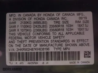 2019 Honda CR-V EX-L with VIN 2HKRW2H87KH638196, listed as a IAAI auction lot 41763821 with 89,994 mi miles. Bid and sale history available at carsss.com. Image 9.