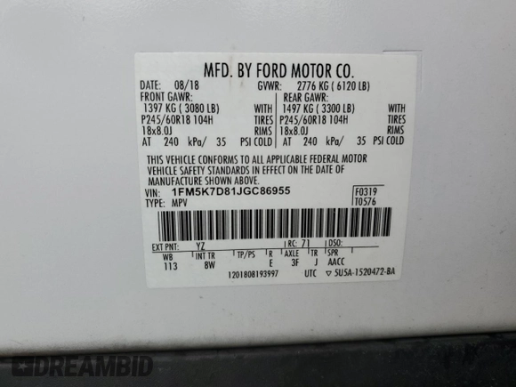 2018 Ford Explorer XLT z VIN 1FM5K7D81JGC86955, wystawiony jako Copart lot #53206335 z przebiegiem 152 437 mil mil oraz Szkoda całkowita • Salvage title. Historia ofert i sprzedaży dostępna na DreamBid. Obrazek 16.