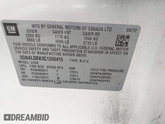 2012 Chevrolet Equinox LT w/1LT with VIN 2GNALDEK0C1290415, listed as a IAAI auction lot 42005480 with 177,948 mi miles. Bid and sale history available at carsss.com. Image 9.
