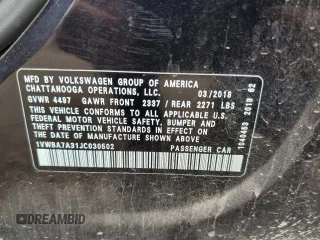 2018 Volkswagen Passat SE with VIN 1VWBA7A31JC030502, listed as a Copart auction lot 62915765 with 156,760 mi miles and Clean title. Bid and sale history available at DreamBid. Image 12.
