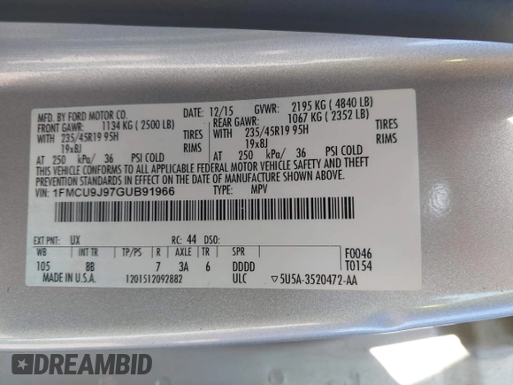 2016 Ford Escape Titanium with VIN 1FMCU9J97GUB91966, listed as a IAAI auction lot 42378829 with 121,218 mi miles and . Bid and sale history available at DreamBid. Image 9.