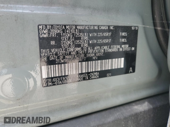 2020 Toyota RAV4 XLE with VIN 2T3W1RFV5LW058717, listed as a Copart auction lot 59592395 with 81,266 mi miles and Salvage title. Bid and sale history available at DreamBid. Image 14.