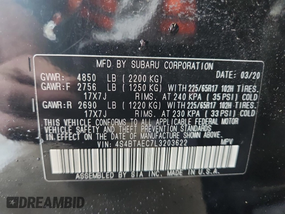 2020 Subaru Outback Premium with VIN 4S4BTAEC7L3203622, listed as a Copart auction lot 61384565 with Not provided miles and Salvage title. Bid and sale history available at DreamBid. Image 12.