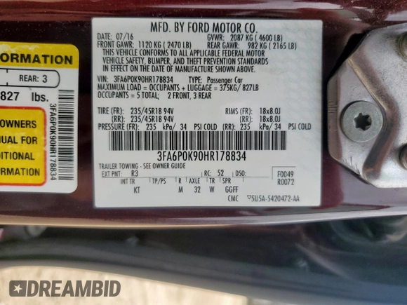 2017 Ford Fusion Titanium with VIN 3FA6P0K90HR178834, listed as a Copart auction lot 57420795 with 127,977 mi miles and Salvage title. Bid and sale history available at DreamBid. Image 12.