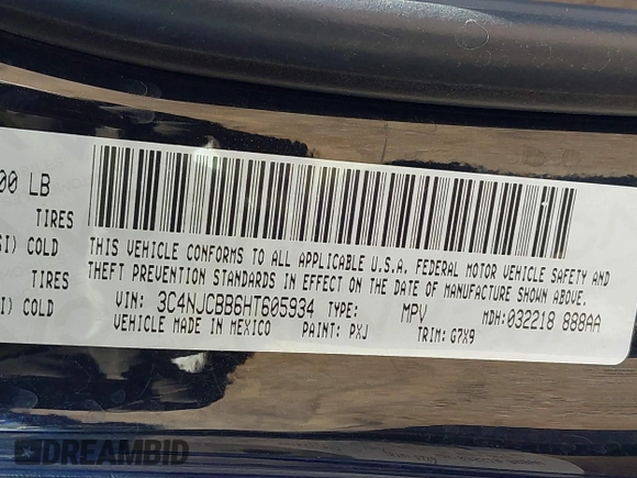 2017 Jeep Compass Latitude with VIN 3C4NJCBB6HT605934, listed as a IAAI auction lot 41846329 with 145,275 mi miles and . Bid and sale history available at DreamBid. Image 9.