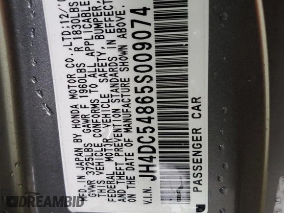 2005 Acura RSX with VIN JH4DC54865S009074, listed as a Copart auction lot 45227855 with 193,375 mi miles and Salvage title. Bid and sale history available at DreamBid. Image 12.